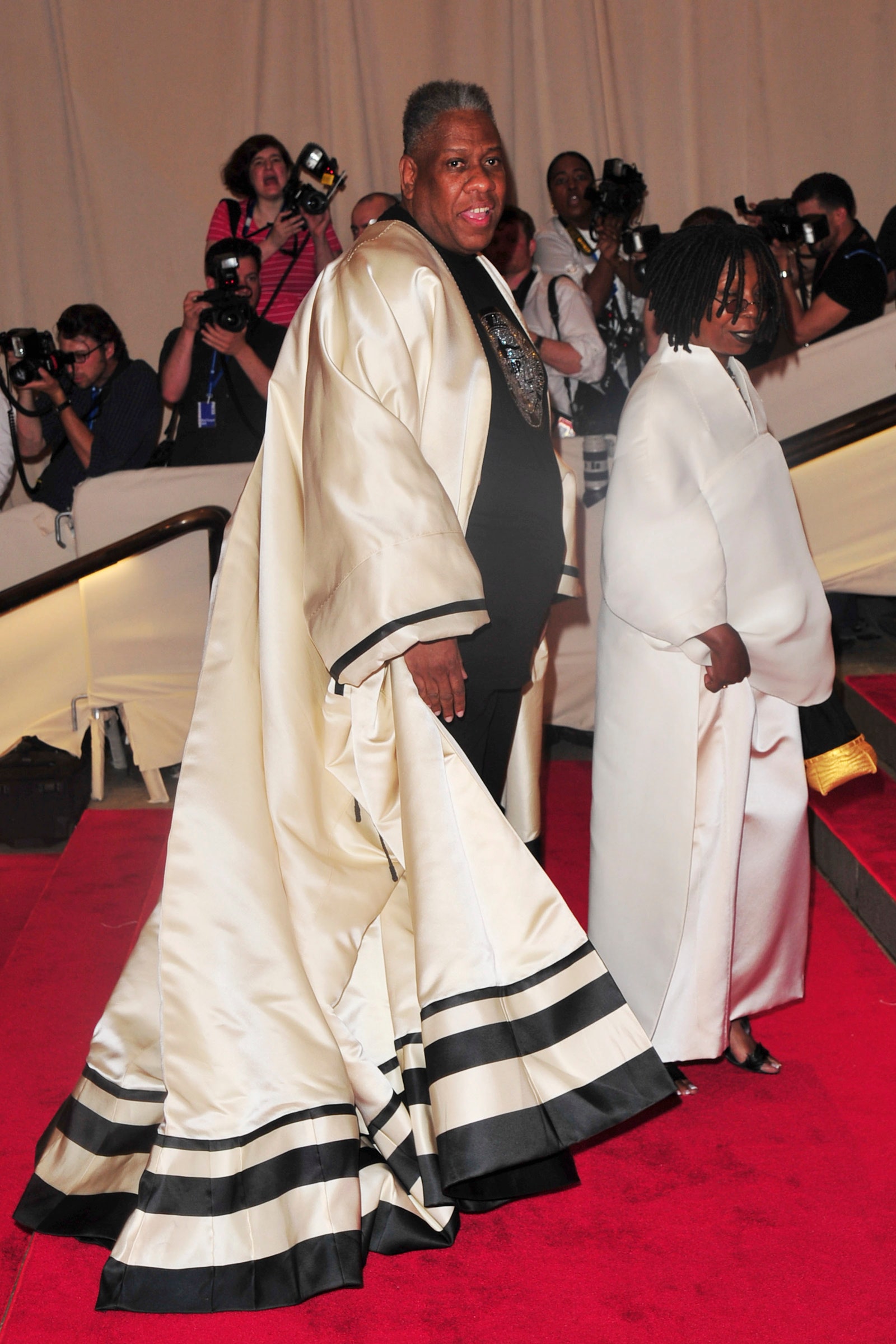 Images may contain Andr Leon Talley Whoopi Goldberg Freddie Williams II Fashion Adult Accessories and Bags