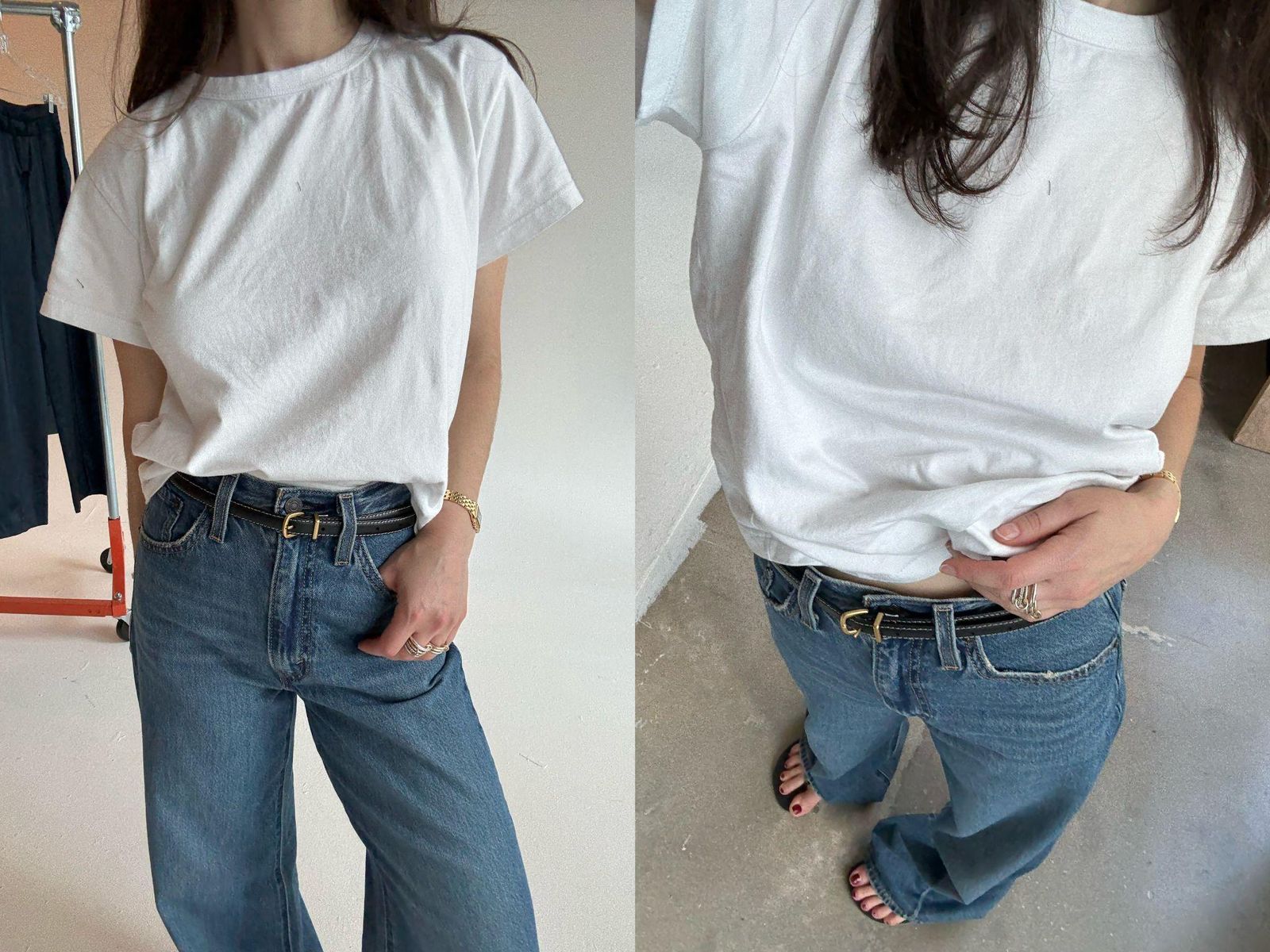 Images may contain clothes, pants, jeans, staff accessories, belts, shirts, watches and T-shirts