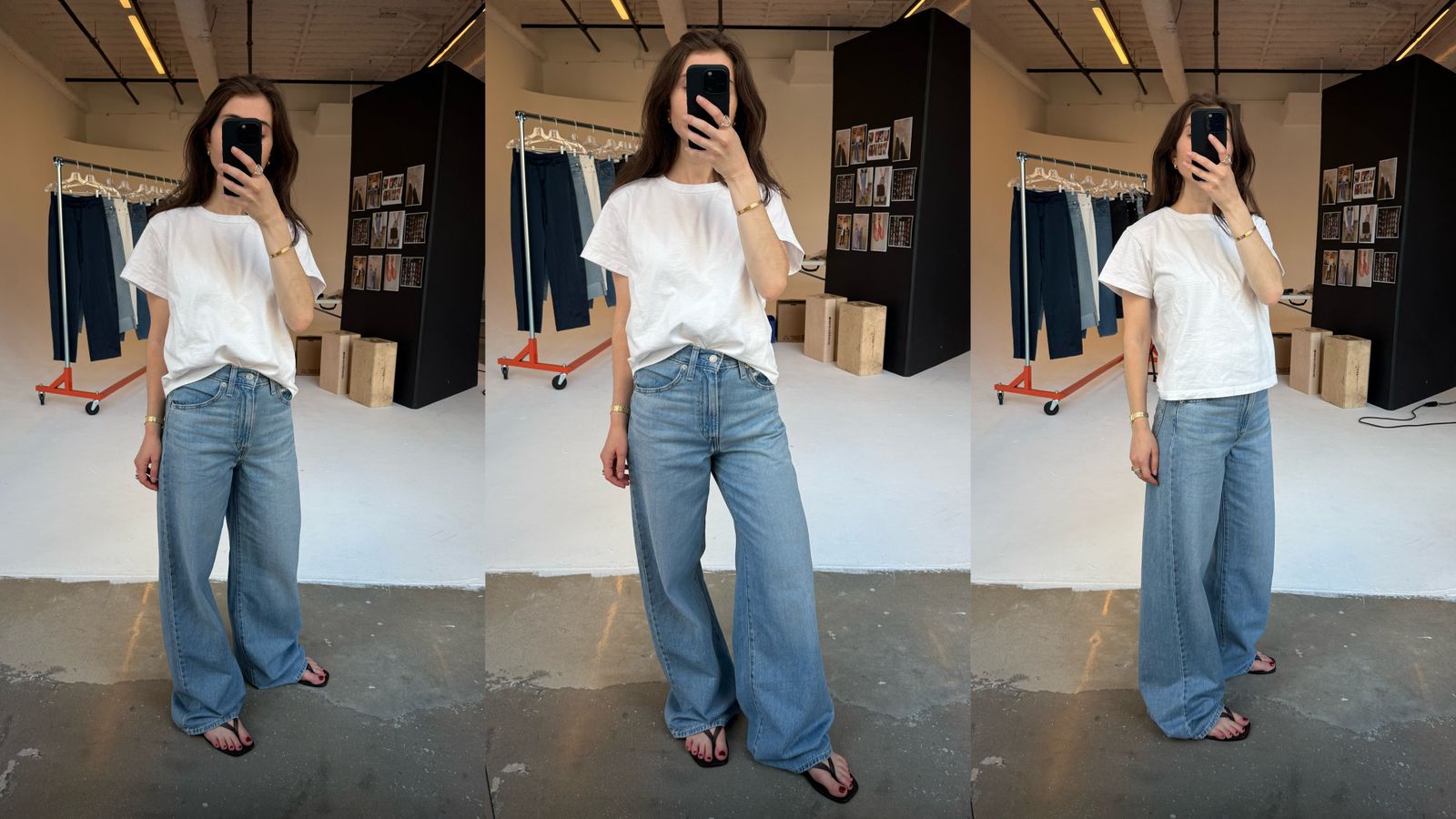 Images may contain clothes pants jeans, teen tops electronic phone shoes shoes and sandals